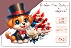 Cute and adorable cartoon puppy on American flag background with white flowers. Perfect for 4th of july Independence Day. Create a joyful mood with this adorable character.