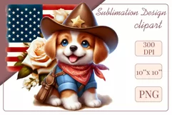Cute and adorable cartoon puppy on American flag background with white flowers. Perfect for 4th of july Independence Day. Create a joyful mood with this adorable character.
