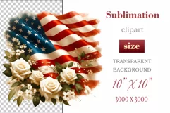 Cute and adorable cartoon puppy on American flag background with white flowers. Perfect for 4th of july Independence Day. Create a joyful mood with this adorable character.