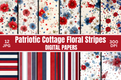 Patriotic Cottage Floral Stripes Digital Scrapbooking Papers Product Image 1