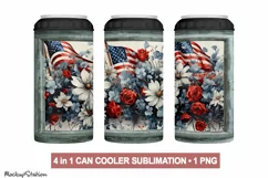 4 in 1 Can Cooler Patriotic Sublimation Wrap PNG | Floral Product Image 1