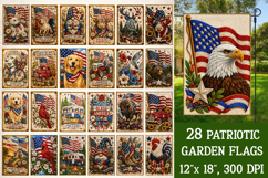 Patriotic 28-design garden flag collection preview featuring Americana-themed animals, farmhouse scenes, vehicles, camping, bicycles, gnomes, and floral designs with stitched embroidery style for outdoor patriotic decor.