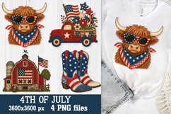 Patriotic 4th of July featuring a highland cow, farmhouse barn, decorated truck, and western cowboy boots with American flag patchwork patterns for sublimation and DTF printing.