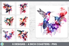Bundle of six Watercolor Hummingbirds Square Coaster designs.