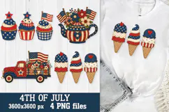 Patriotic 4th of July bundle featuring ice cream cones, festive cupcakes, a floral-decorated teapot, and a patriotic truck with American flag patchwork patterns for sublimation and DTF printing.