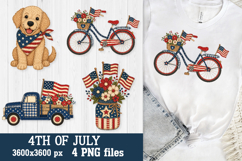 Patriotic 4th of July designs featuring a puppy in a bandana, a floral-decorated bicycle, a vintage truck, and a patriotic mason jar with American flag patchwork patterns for sublimation and DTF printing.