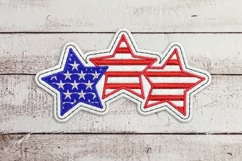 Feeling patriotic? This festive Independence Day design features 3 embroidered stars. The left star has a star pattern motif, and the 2 right stars have stripes. The file is meant to be sewn onto white or red felt, vinyl, or other non-fraying fabric. Felt