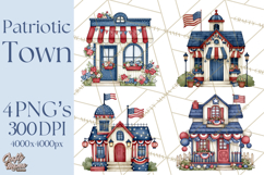 Patriotic Town Clipart, 4th of July Houses and Shops Png Product Image 1
