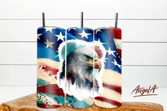 20 oz skinny tumbler wrap sublimation design is patriotic design with eagle head, American flag with stars and stripes, watercolor spots. 