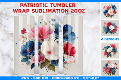 Boho Patriotic Floral Tumbler Wrap Sublimation Design Product Image 1