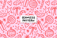 Christmas Doodles Pattern, Pink Red Christmas Background. Product Image 1