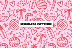 Christmas Doodles Pattern, Pink Red Christmas Background. Product Image 1