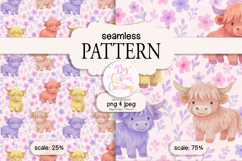 Seamless Pattern - Watercolor Floral Highland Cows - Paper Product Image 1