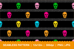Seamless Colorful Skulls Pattern on Black Background Product Image 1