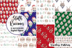 Sloth Raccoon Christmas Watercolor Patterns Seamless Festive Product Image 1