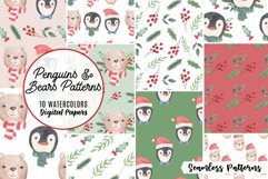 Penguin & Bear Christmas Watercolor Patterns Seamless Xmas Product Image 1