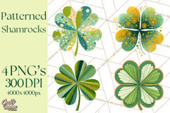 Patterned Four-Leaf Clover Clipart, St Patrick’s Day PNG Product Image 1