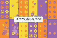 Dog&#039;s foot seamless background digital paper pack featuring purple paw prints on an orange background