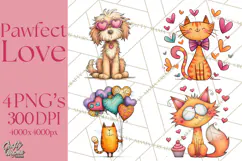 Colorful Valentine Dog and Cat Doodle Clipart PNG, Cute Pets Product Image 1