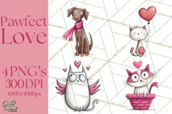 Colorful Valentine Dog and Cat Doodle Clipart PNG, Cute Pets Product Image 1
