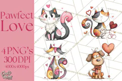 Colorful Valentine Dog and Cat Doodle Clipart PNG, Cute Pets Product Image 1