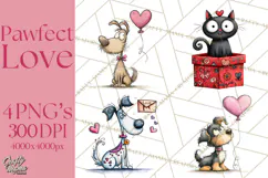 Colorful Valentine Dog and Cat Doodle Clipart PNG, Cute Pets Product Image 1