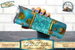 This is a peekaboo tumbler wrap sized to fit 20oz skinny tumblers, this is a seamless tumbler design that features a light foil background and peekaboo fall leaves with a teal glitter band. That can all be easily resized to fit other sublimation tumblers