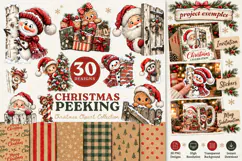 Christmas Peeking Clipart Bundle preview featuring Santa Claus, snowmen, reindeer, penguins and gingerbread characters peeking from snowy fences, Christmas trees and gift boxes, with coordinating festive seamless patterns.
