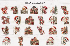 Christmas Peeking Clipart Bundle preview featuring Santa Claus, snowmen, reindeer, penguins and gingerbread characters peeking from snowy fences, Christmas trees and gift boxes, with coordinating festive seamless patterns.