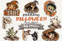 Trendy whimsical Halloween peeking clipart featuring cute ghosts, skeletons, witches, bats and black cats in a playful hand-drawn style, perfect for spooky cute Halloween crafts and sublimation designs.