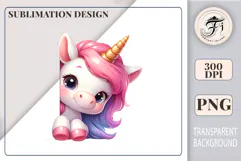 Adorable smiling peeking unicorn illustration in soft pastel colors, great for cards and stickers.