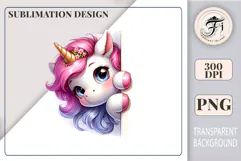 Surprised peeking unicorn clipart in watercolor style, great for playful kids graphics and party cards.
