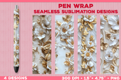 Elegant White and Gold Floral Pen Wrap Sublimation Design Product Image 1