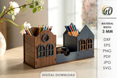 3D House Pencil Holder Laser Cut. Desk Organizer SVG Product Image 1