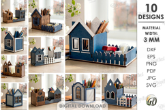 3D House Pencil Holders Bundle Laser Cut. Desk Organizer SVG Product Image 1