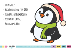 Penguin with Santa hat and green scarf illustration – Christmas penguin clipart perfect for cards, planners and stickers.