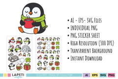 Cozy penguin holding red mug of cocoa illustration with sticker sheet preview – cute winter animal clipart set for Christmas crafts.