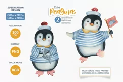 Cute Penguin watercolor clipart. Sea animal characters. Product Image 1