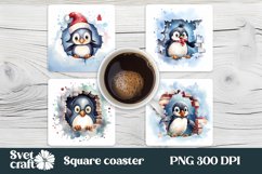 Christmas penguin square coaster sublimation design, Christmas penguin sublimation design, Christmas coaster PNG.