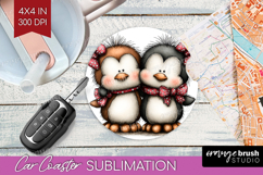 Penguins Valentine Car Coaster Whimsical Animal Coaster PNG Product Image 1