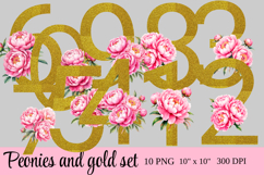 Peonies and Gold Numbers Clipart 10 PNG Product Image 1