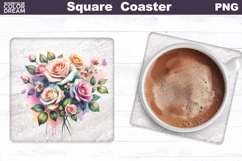 Roses Square Coaster | Pink Flowers Square Coaster Product Image 1