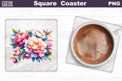 Peony Square Coaster | Pink Flowers Square Coaster Product Image 1