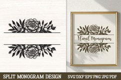 Elegant peony split monogram SVG frame with symmetrical blooming peonies, lush leaves, and buds on both sides, perfect for personalized wedding initials, name frames, Cricut/Silhouette crafts, apparel, invitations, shadow boxes