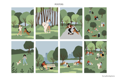 People and dogs in park posters set, People and Pets Scenes Product Image 2