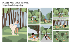 People and dogs in park posters set, People and Pets Scenes Product Image 1