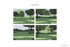 Flat vector landscapes with trees, meadows, and blue skies Product Image 2