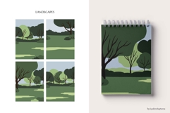 Flat vector landscapes with trees, meadows, and blue skies Product Image 3