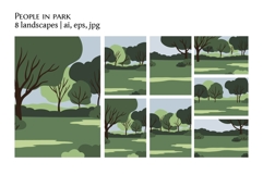 Flat vector landscapes with trees, meadows, and blue skies Product Image 1