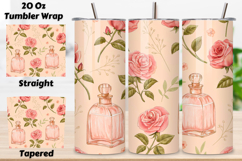 seamless perfume rose tumbler, glassy floral tumbler wrap, pink label rose design, vintage bottle tumbler wrap, 20oz skinny tumbler wrap, tapered seamless tumbler design, straight tumbler wrap png, apothecary floral design, seamless glass tumbler wrap, pe
